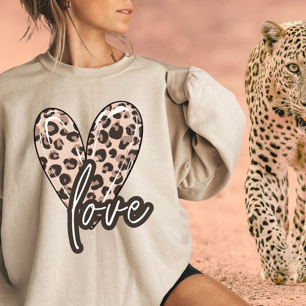 Valentines Love Heart Sweatshirt Mother, Daughther, Girlfriend Animal Print Sand